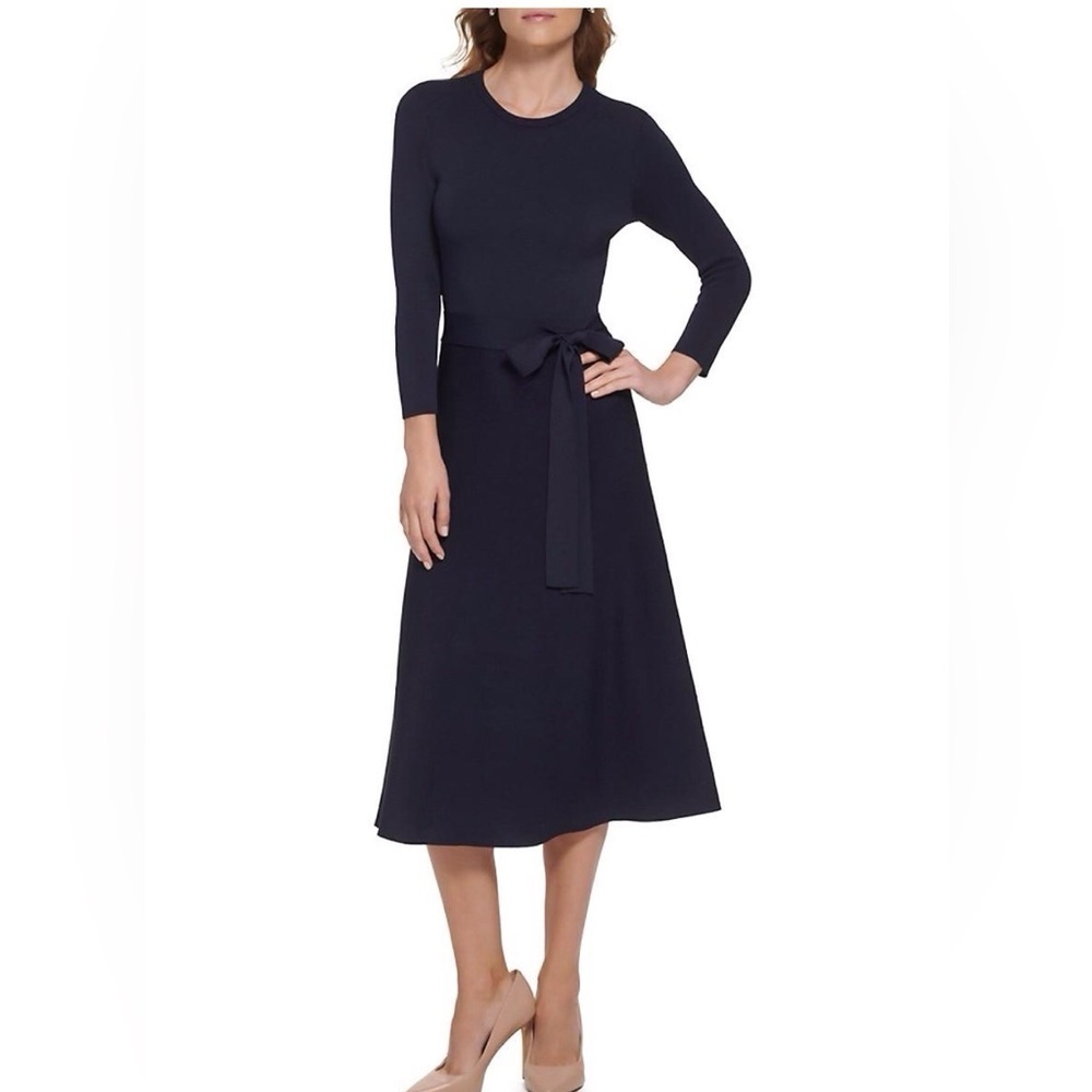 Eliza J Black Tie Waist Knit Sweater Midi Dress Fit and Flare Size Small